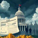 Flick International Conceptual illustration of a large capitol building under a stormy sky with tax forms and dollar signs.