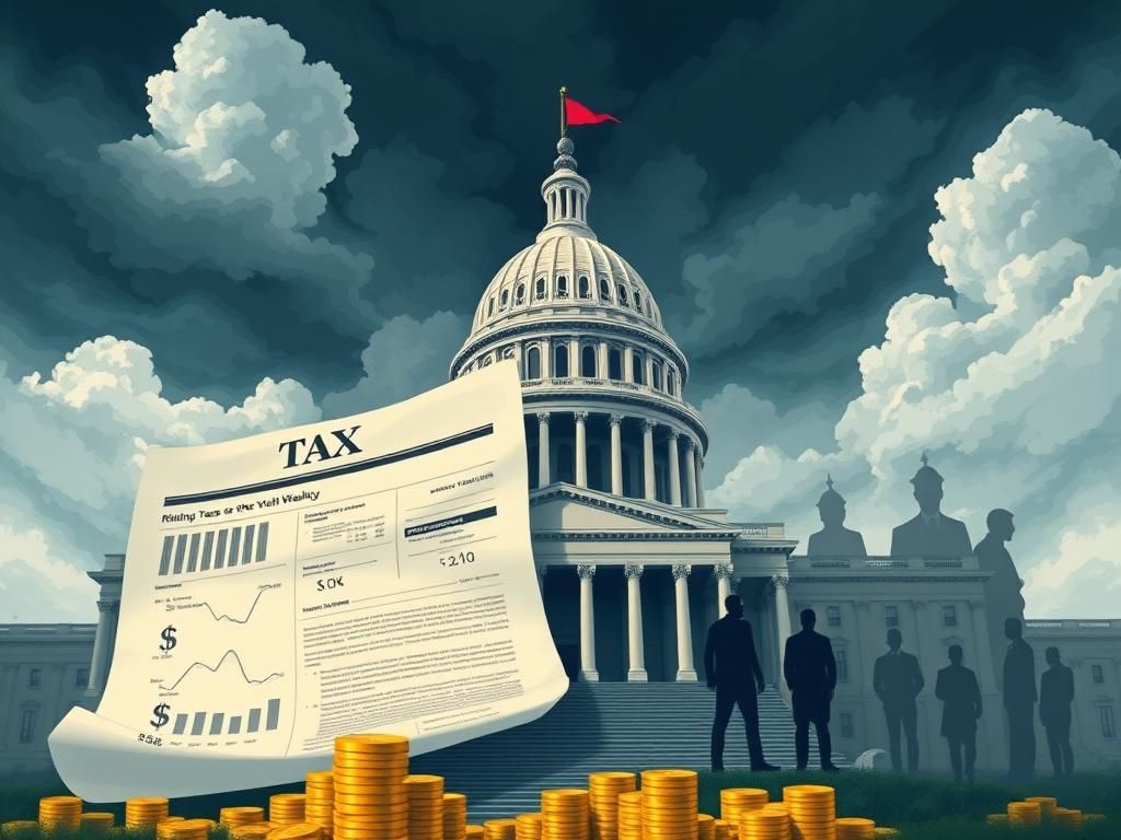 Flick International Conceptual illustration of a large capitol building under a stormy sky with tax forms and dollar signs.