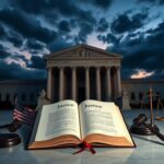 Flick International A grand Supreme Court building under a twilight sky with a detailed book titled 'Justice' in the foreground