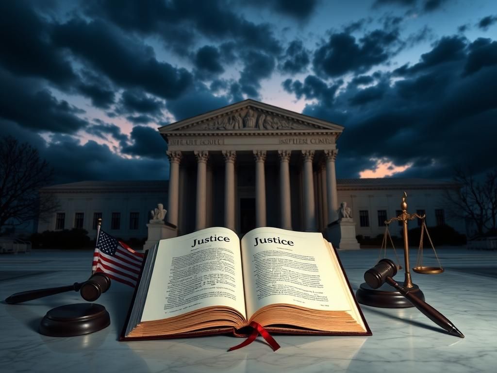 Flick International A grand Supreme Court building under a twilight sky with a detailed book titled 'Justice' in the foreground