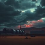 Flick International Stylized depiction of a nuclear facility in Iran under a dark, ominous sky