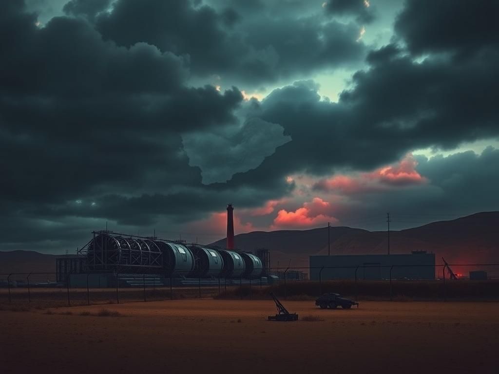 Flick International Stylized depiction of a nuclear facility in Iran under a dark, ominous sky