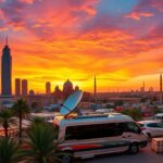 Flick International Panoramic view of a bustling Middle Eastern cityscape during sunset with a television satellite broadcasting van