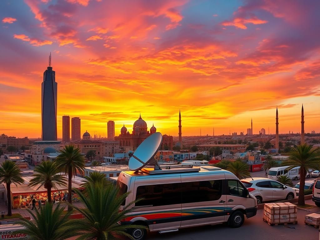 Flick International Panoramic view of a bustling Middle Eastern cityscape during sunset with a television satellite broadcasting van