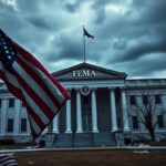 Flick International Empty FEMA building exterior featuring the agency logo under a cloudy sky