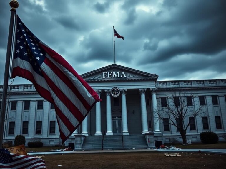 Flick International Empty FEMA building exterior featuring the agency logo under a cloudy sky