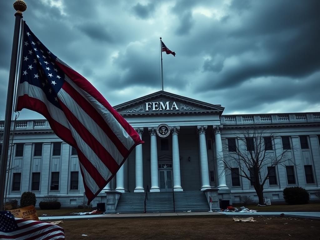 Flick International Empty FEMA building exterior featuring the agency logo under a cloudy sky