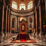 Flick International Grand interior of the Vatican featuring the papal chair and ornate architecture