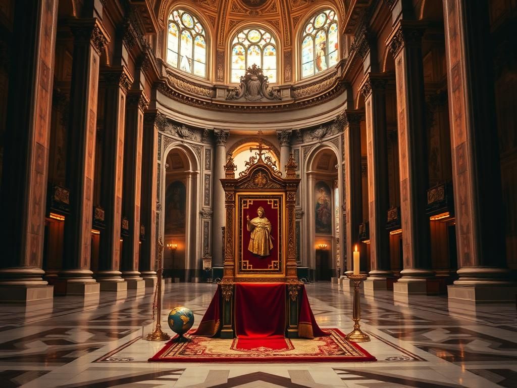 Flick International Grand interior of the Vatican featuring the papal chair and ornate architecture