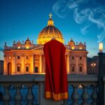 Flick International Majestic view of St. Peter's Basilica at twilight with a red papal cape