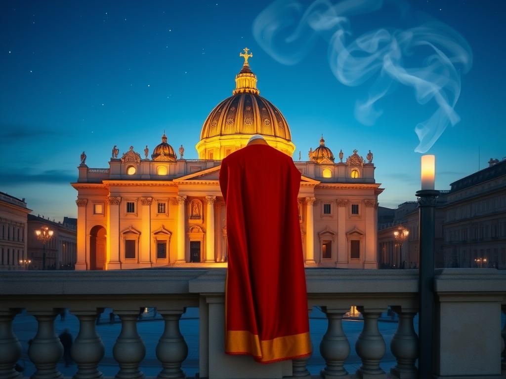 Flick International Majestic view of St. Peter's Basilica at twilight with a red papal cape