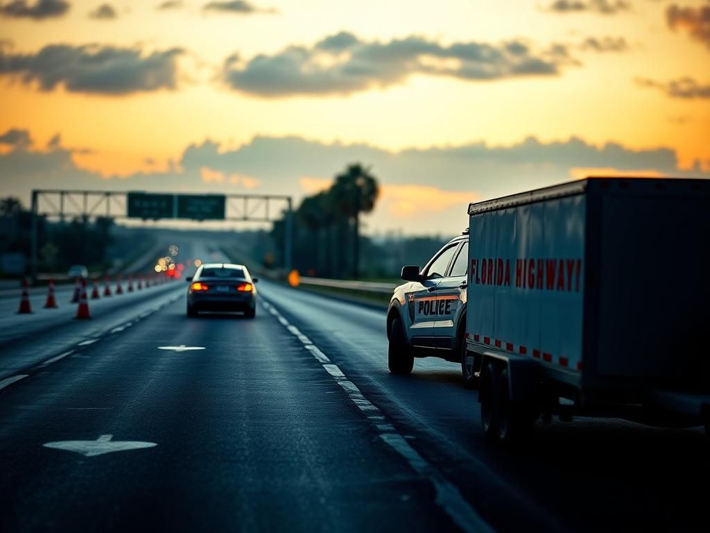 Flick International Florida Highway Patrol vehicle on busy highway at dawn