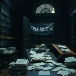 Flick International Interior of Butler Library at Columbia University during a protest scene, highlighting disarray and tension.