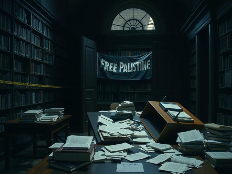 Flick International Interior of Butler Library at Columbia University during a protest scene, highlighting disarray and tension.