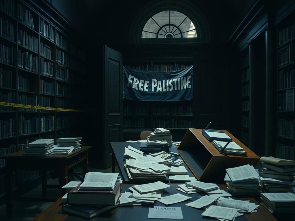 Flick International Interior of Butler Library at Columbia University during a protest scene, highlighting disarray and tension.