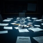 Flick International A chaotic meeting room with a table scattered with papers and a tipped-over glass of water, reflecting tension.