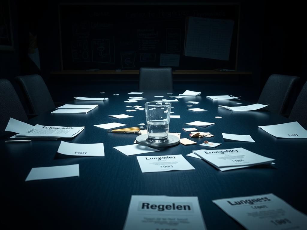 Flick International A chaotic meeting room with a table scattered with papers and a tipped-over glass of water, reflecting tension.