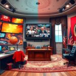 Flick International A split-scene image showing contrasting worlds of sports commentary and political seriousness