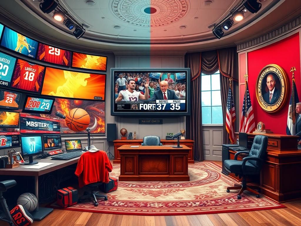 Flick International A split-scene image showing contrasting worlds of sports commentary and political seriousness