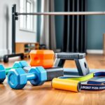 Flick International Colorful rubber hex dumbbells and modern push-up gadgets arranged on a wooden floor