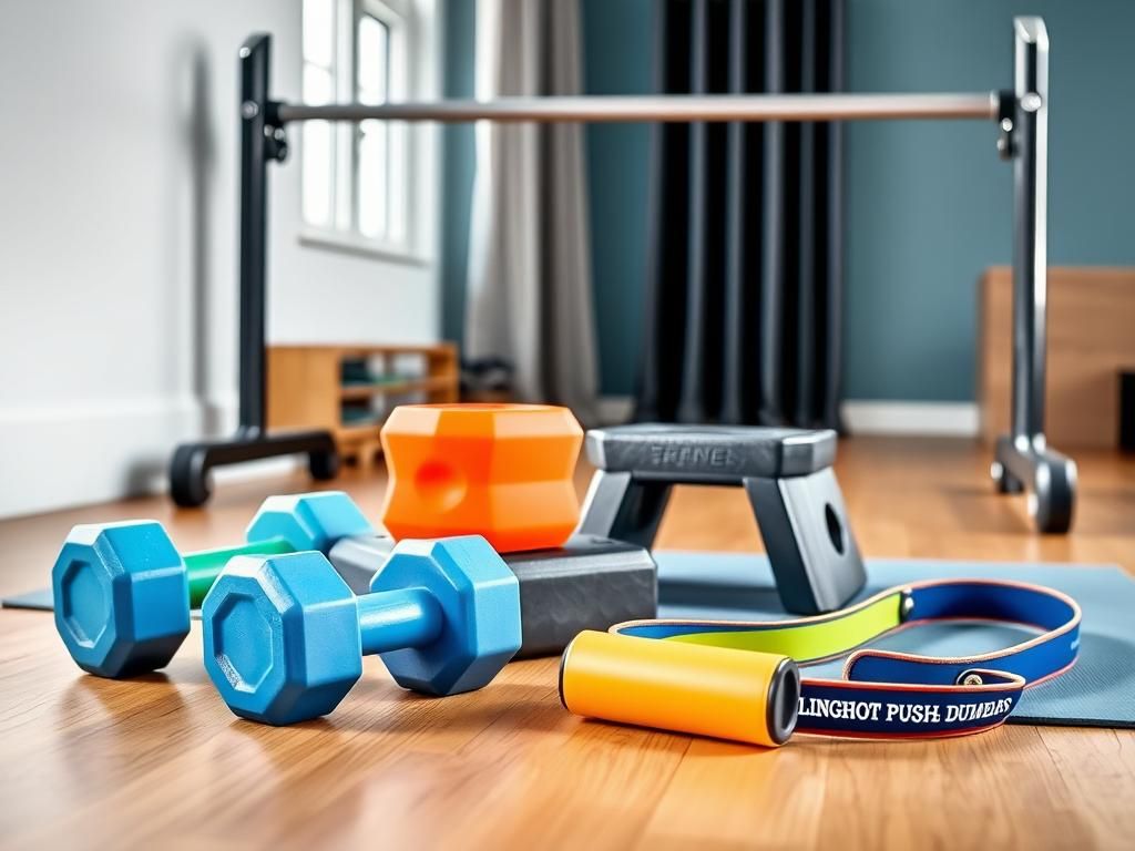 Flick International Colorful rubber hex dumbbells and modern push-up gadgets arranged on a wooden floor