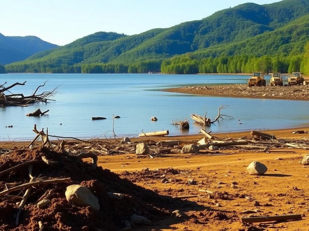 Flick International serene landscape of Lake Lure showing debris from Hurricane Helene