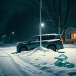 Flick International A damaged 2021 Lexus LX 570 SUV parked in a snow-covered, dark street after a snowstorm.
