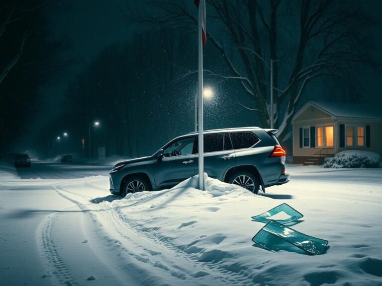 Flick International A damaged 2021 Lexus LX 570 SUV parked in a snow-covered, dark street after a snowstorm.