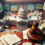 Flick International Aerial view of the U.S. Capitol building with documents and money stacks symbolizing budget proposals