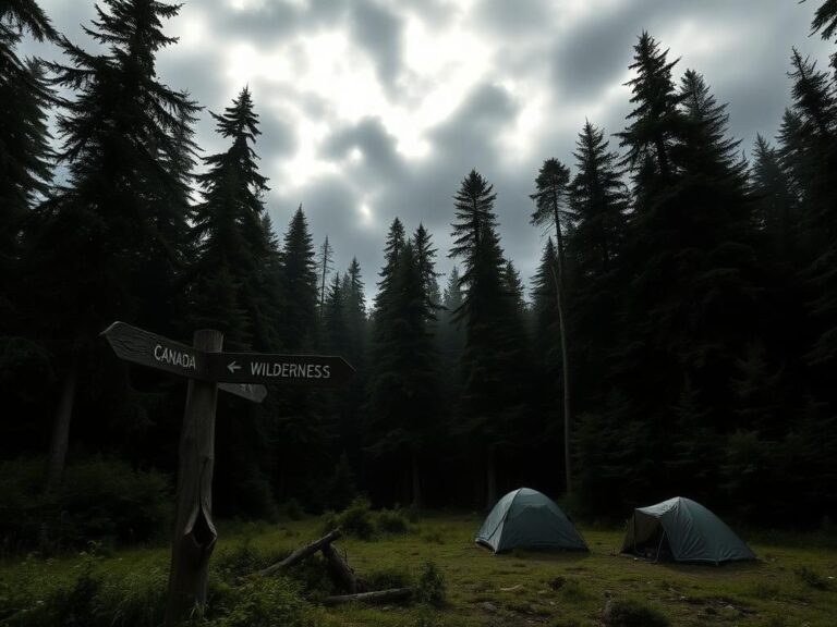 Flick International Dense forest in Washington State with a weathered signpost and campsite, hinting at a manhunt