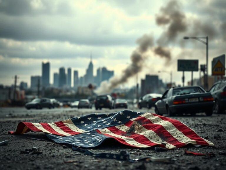 Flick International A tense scene in Los Angeles depicting unrest with a shattered American flag and damaged vehicles