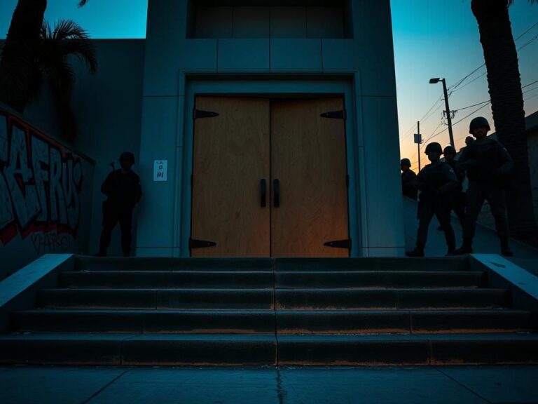 Flick International Government building entrance in Los Angeles during riots, featuring armed National Guard troops and graffiti art