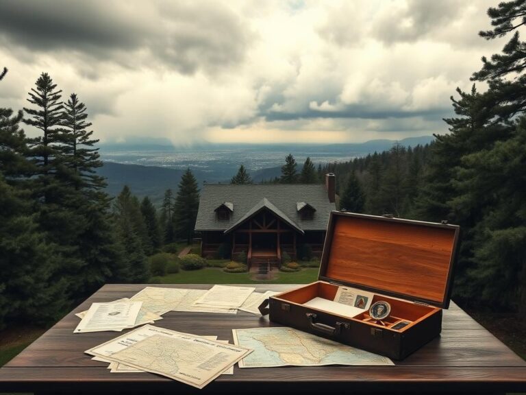 Flick International View of Camp David's rustic lodge surrounded by coniferous trees with a military strategy table in the foreground