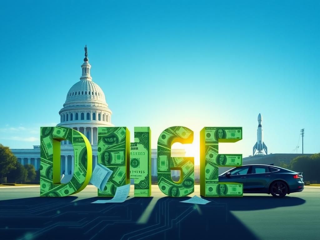 Flick International Futuristic government building with DOGE symbol formed from dollar bills