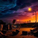 Flick International Dramatic night cityscape of Los Angeles depicting unrest with debris and military vehicles
