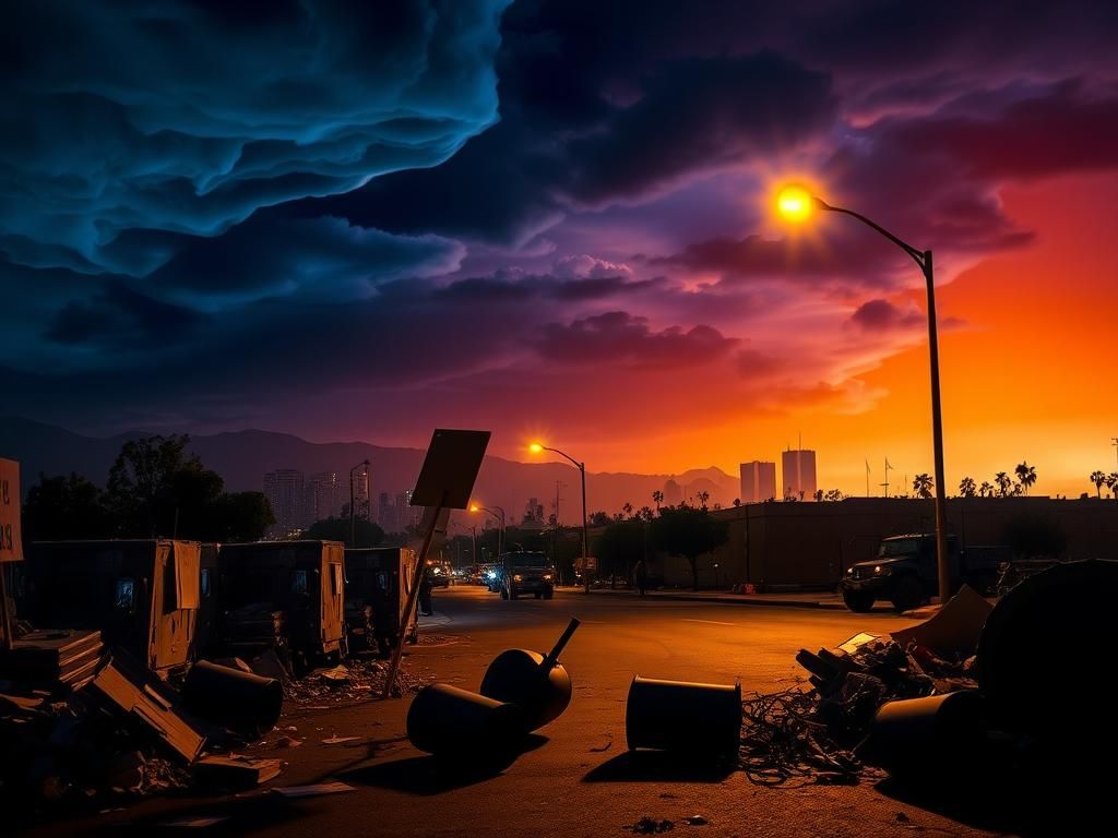 Flick International Dramatic night cityscape of Los Angeles depicting unrest with debris and military vehicles