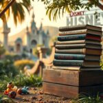 Flick International A whimsical scene depicting a quiet corner of an overgrown Disney movie lot with old books and forgotten toys.