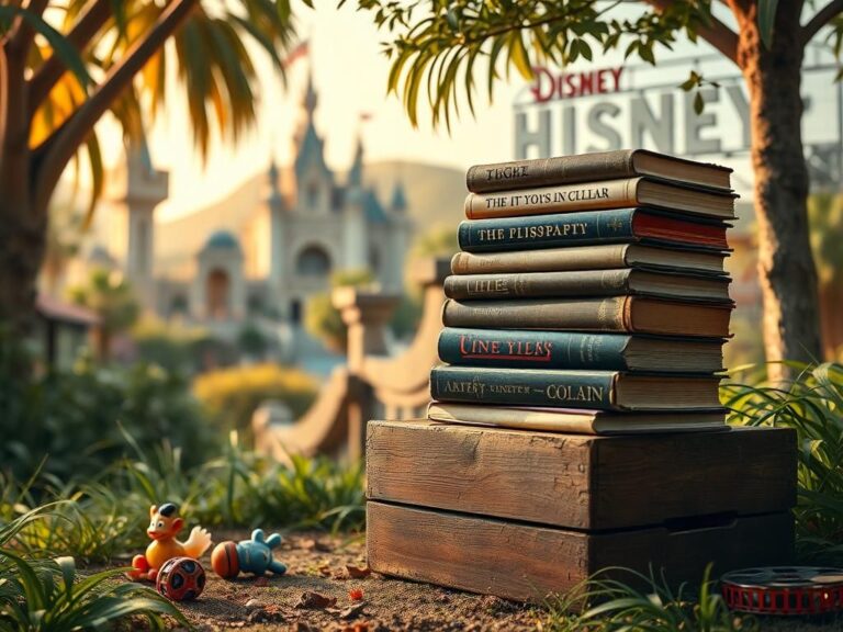 Flick International A whimsical scene depicting a quiet corner of an overgrown Disney movie lot with old books and forgotten toys.