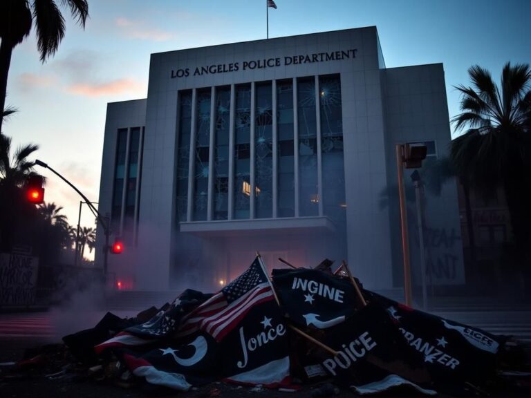 Flick International Shattered windows at LAPD headquarters indicating recent violent protests