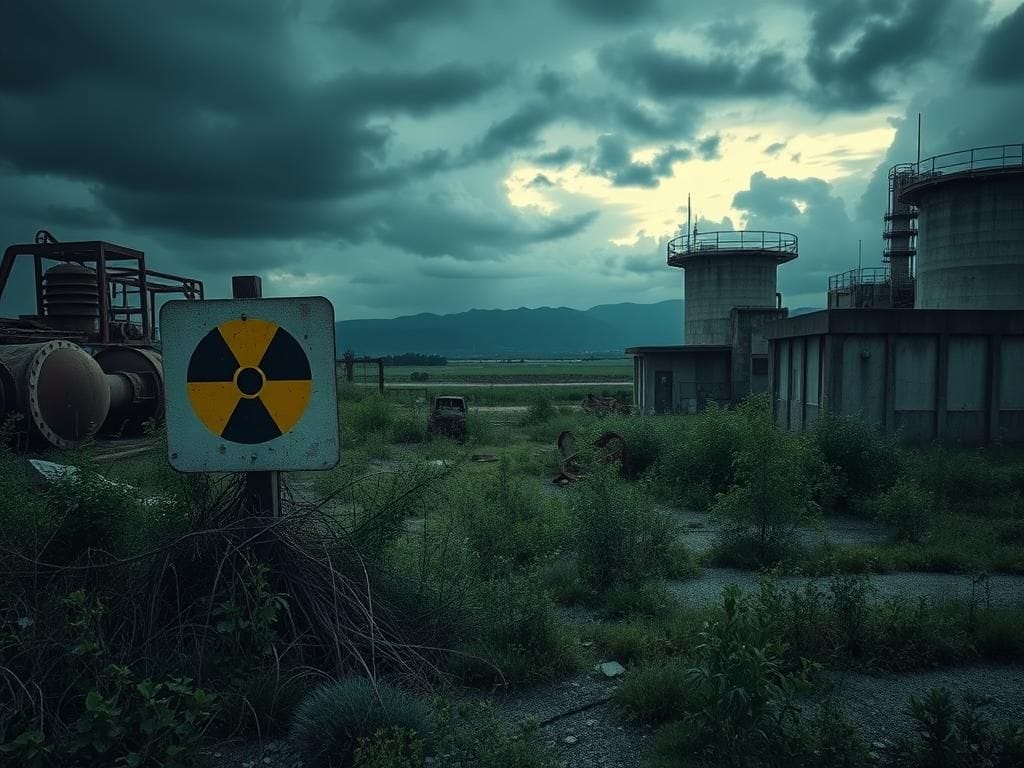 Flick International Abandoned nuclear facility with rusted equipment and overgrown vegetation