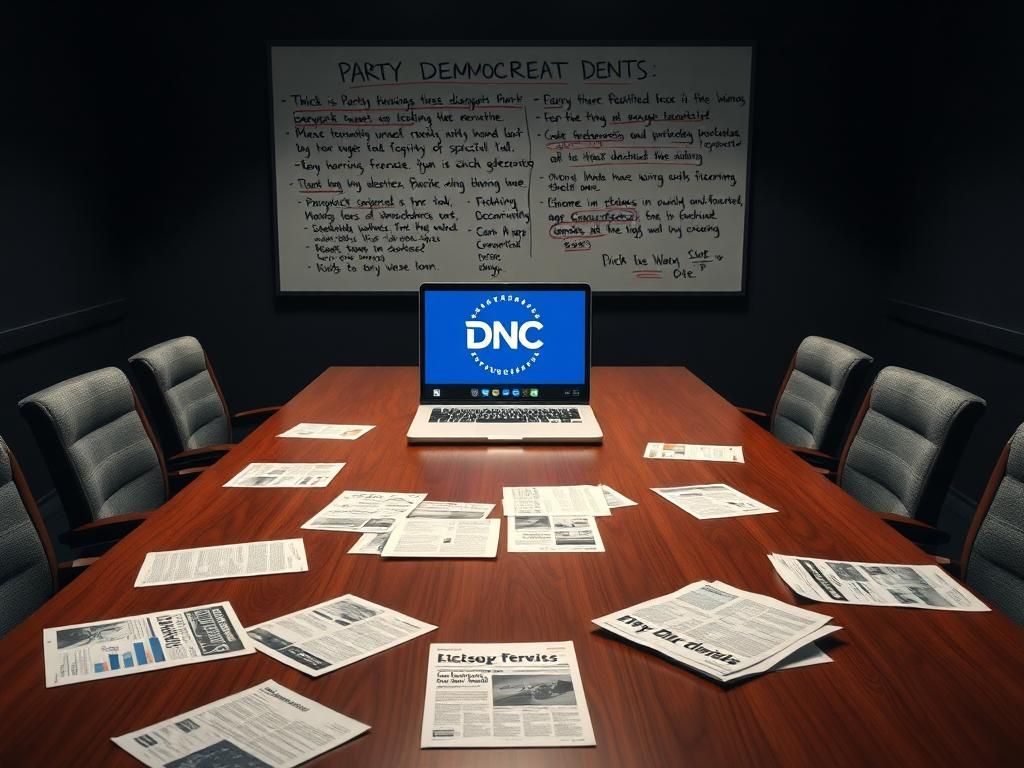 Flick International Dimly lit conference room showing tension during DNC meeting with papers and a Zoom interface