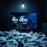 Flick International A broken television screen displaying the ABC News logo surrounded by shards of glass, symbolizing media turmoil