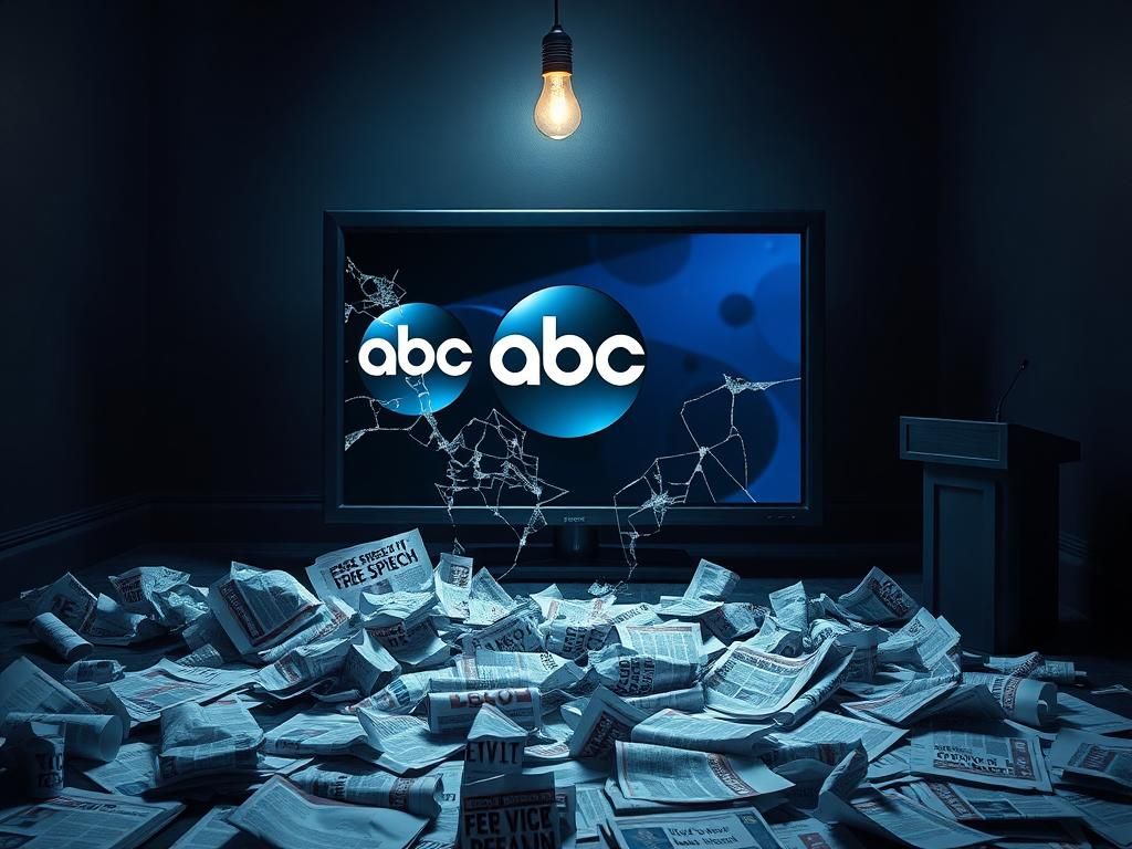 Flick International A broken television screen displaying the ABC News logo surrounded by shards of glass, symbolizing media turmoil