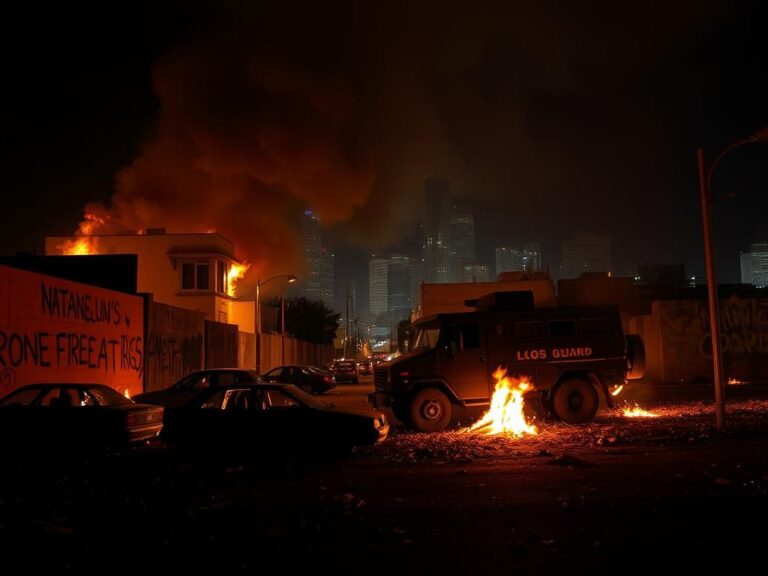Flick International Chaotic urban scene in Los Angeles during ICE raids with burning cars and graffiti