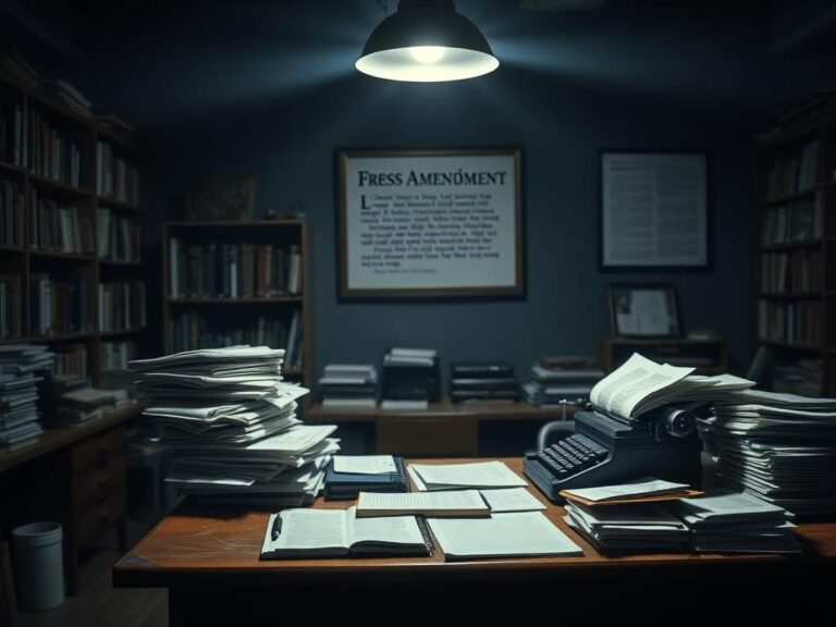 Flick International Dimly lit newsroom with a cluttered desk, symbolizing journalistic integrity and tension