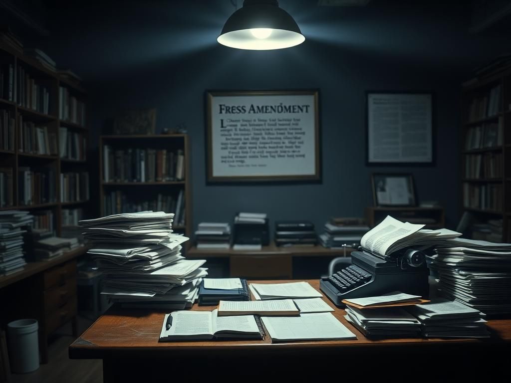 Flick International Dimly lit newsroom with a cluttered desk, symbolizing journalistic integrity and tension