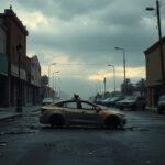Flick International Charred self-driving car amidst damaged storefronts in a deserted Los Angeles street after protests