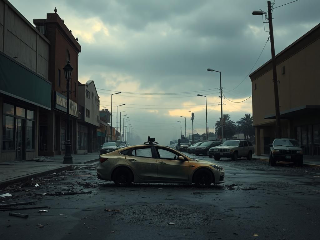 Flick International Charred self-driving car amidst damaged storefronts in a deserted Los Angeles street after protests