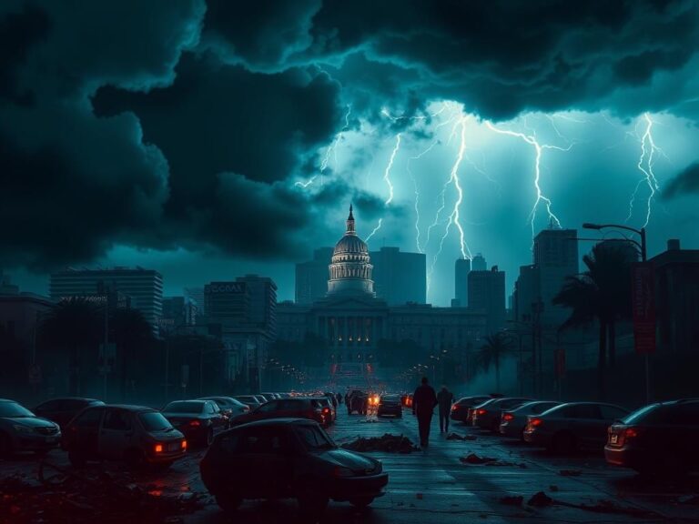Flick International A high-contrast cityscape of Los Angeles depicting riots and turmoil with dark storm clouds above and overturned cars in the foreground.
