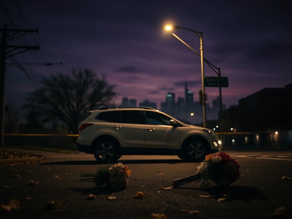 Flick International A desolate urban street scene at dusk with a white SUV parked under a flickering streetlight.